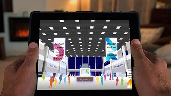 Image of a tablet with a virtual event on the screen